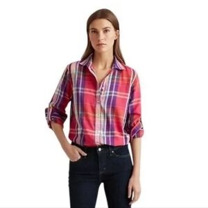 Lauren Ralph Lauren Madras Plaid Button Up Shirt Convertible Sleeve Womens L